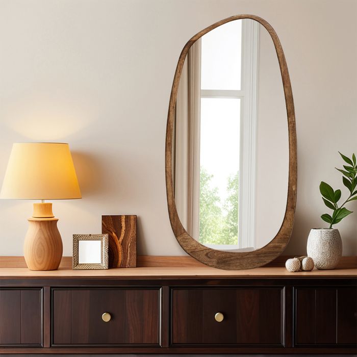 Miroir mural asymétrique en bois massif 98 x 50 cm Miroir organiquement forme galet pour salle de bain entrée et chambre