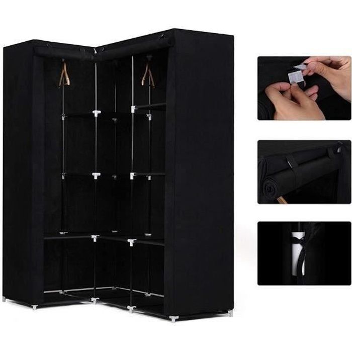 Armoire de rangement dangle en forme L AG avec 2 tringles - tissu noir - 169x129x87cm