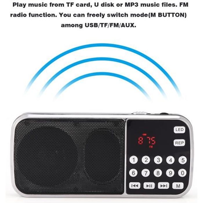 Radio FM, Lecteur de musique numérique portable, Haut-parleur LED, Prise en charge de lampe de poche Radio FM Carte TF USB AUX-DUO