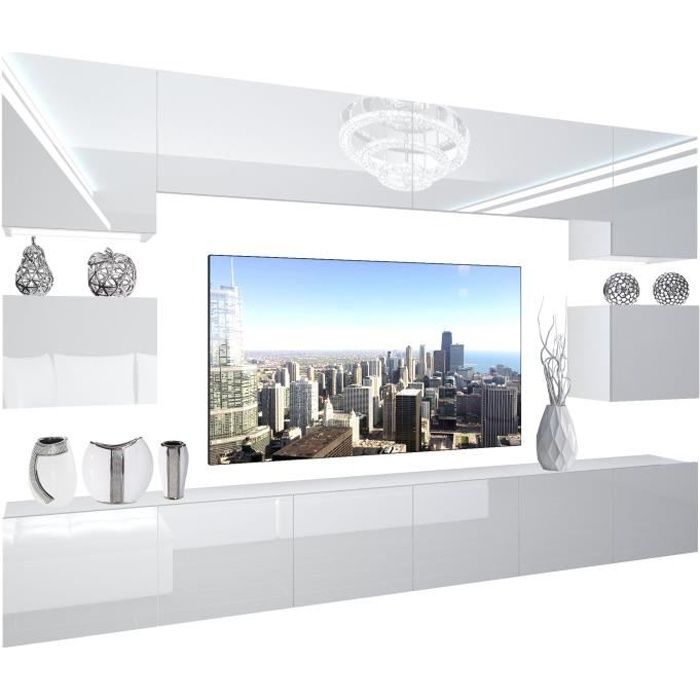 BELINI - Unité Murale TV NEX I Ensemble Muebles de Salon Complet Illumination LED I Coleur: Blanc très Brillant