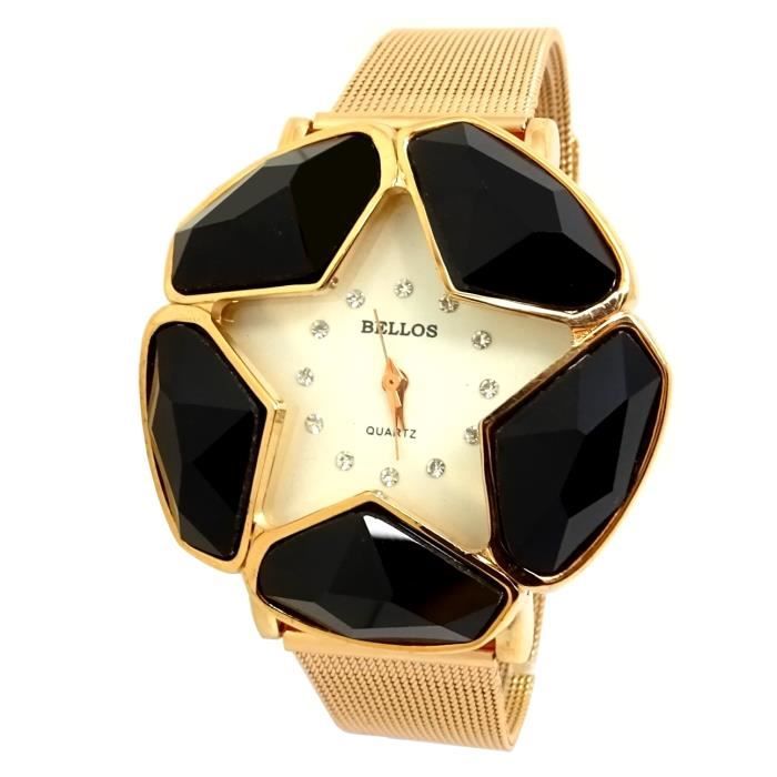 MONTRE FEMME MAILLE MILANAISE NOIR DIAMANT ÉTOILE ROSE GOLD CUIVRE IDÉE CADEAU