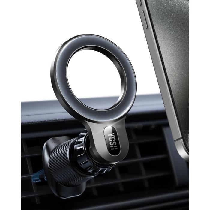 Support Magnétique Portable Pour IPhone - Compatible MagSafe - Noir Cuir - Avec Anneaux Métalliques