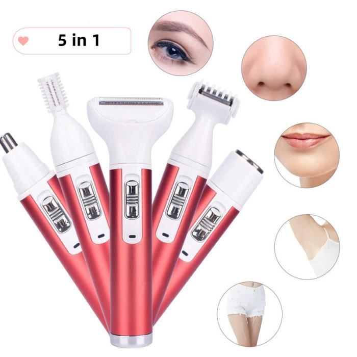 Epilateur Rasoir Electrique Femme 5 en 1 Rasoir Indolore avec 5 Têtes Flottantes Tondeuse à Cheveux sans Fil Rechargeable - rose