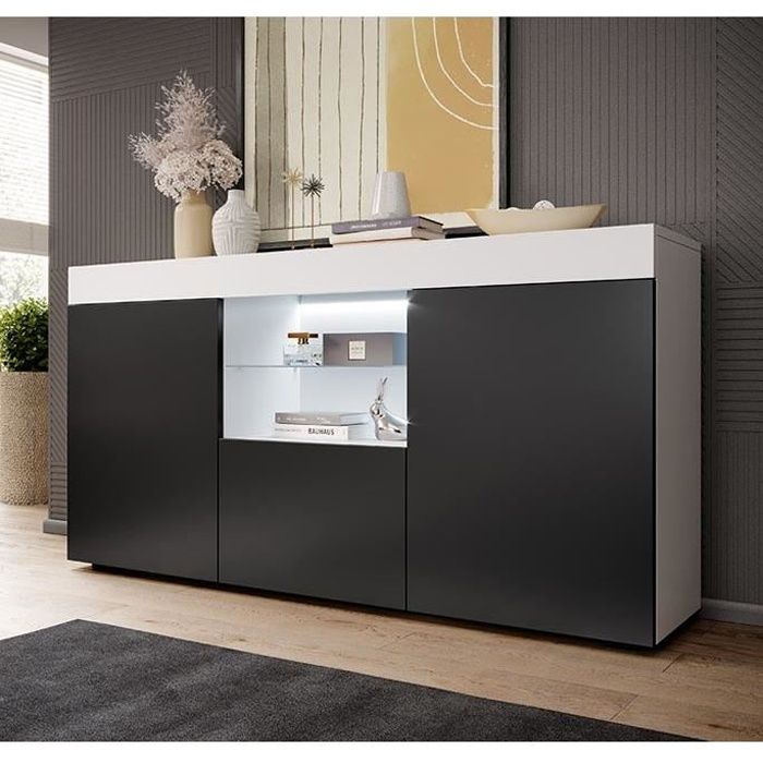 Design Ameublement - Buffet Bahut SEFORA LED - 3 portes - Blanc et Noir Mat - 135x72x34cm