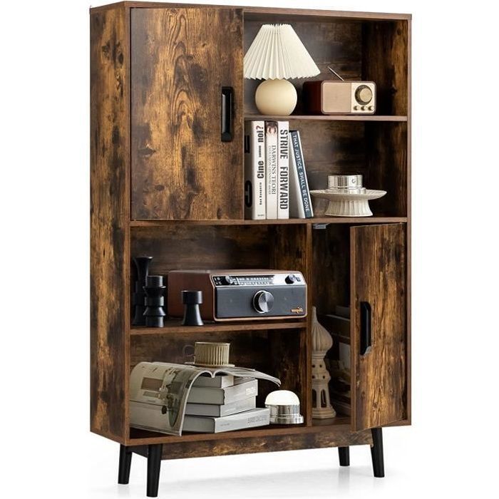 GOPLUS Bibliothèque Meuble de Rangement Industriel avec 4 Étagères Ouvertes et 2 Cabinets de Porte 80X24X119 5CM