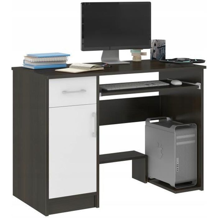 bureau informatique london - hucoco - 90x50x73 cm - support clavier - tiroir - wengé blanc