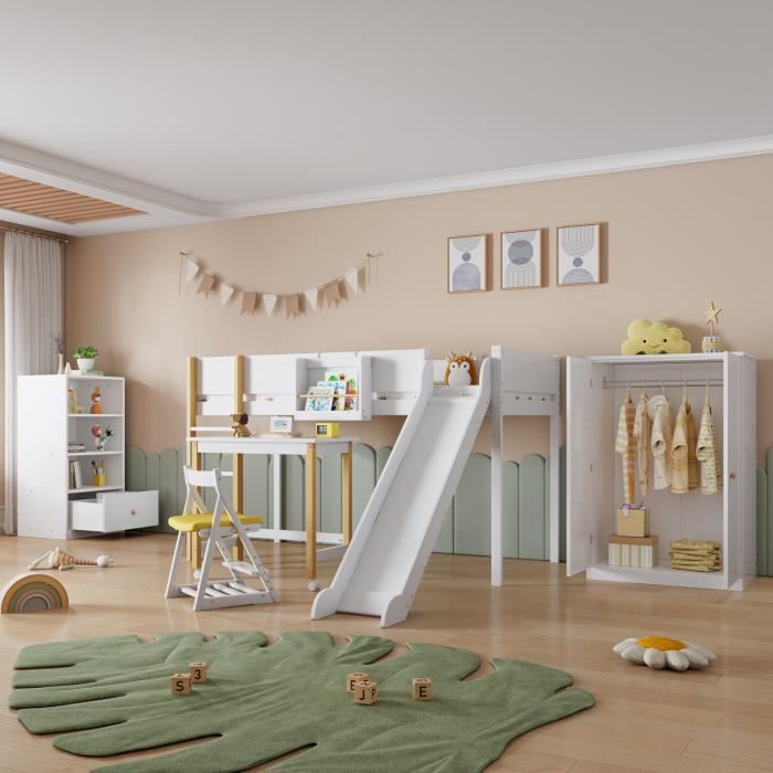 Lits superposés + armoire + bibliothèque, lits superposés avec toboggan