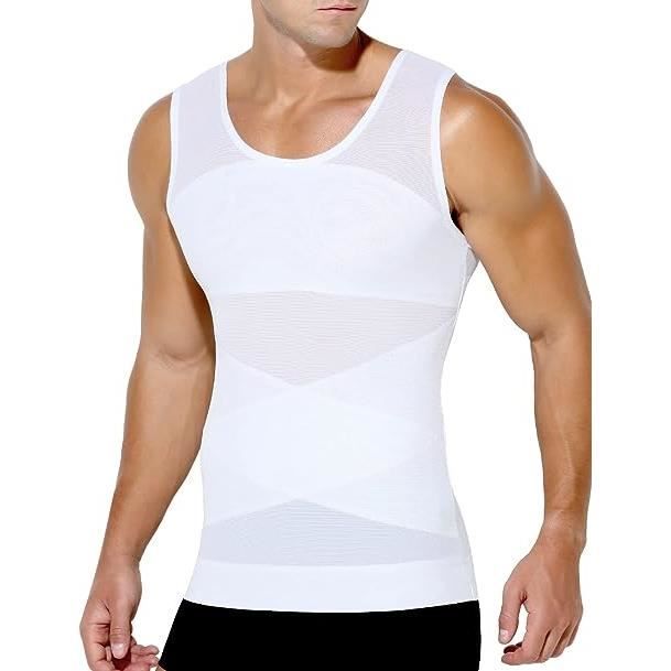 Débardeur de Compression Homme Maillot de Corps Ventre Plat Homme sans Manche Gainant Minceur sous-vêtements Musculation Sport-blanc