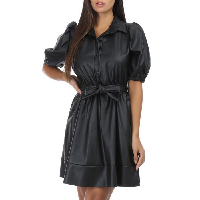 Robe noire en simili cuir a manches bouffantes Noir Cdiscount Pret a Porter