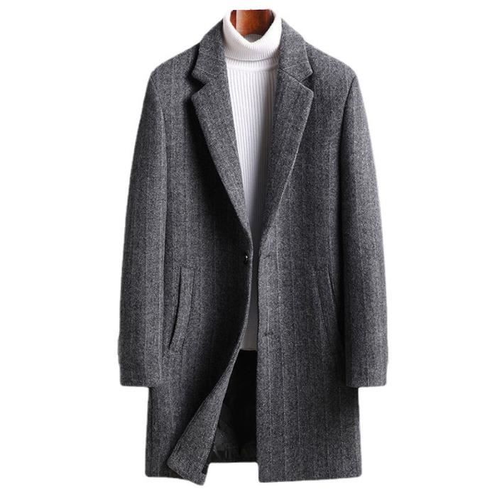 Manteau Laine Homme Slim Fit Mi-long Epais Automne Hiver Pardessus Elegant Couleur Unie Gris 