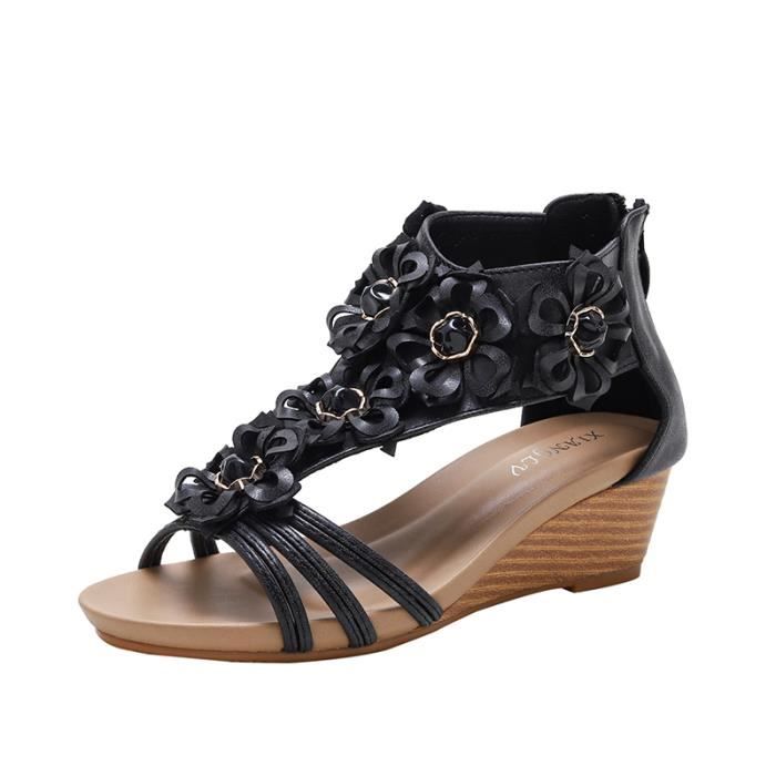Sandales Compensées Femmes Été Confortables Pied Large - Semelle Souple Avec Soutien Voûte Plantaire