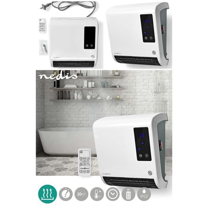Chauffage de salle de bains NEDIS - 2000W - Thermostat ajustable - 2 Modes de Chauffage - IP22