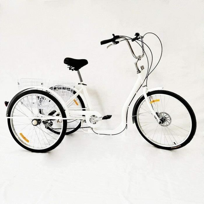 Blanc Tricycle pour adulte - 6 vitesses - 26 pouces - Avec grand panier-Cadre en Alliage 3 Roues