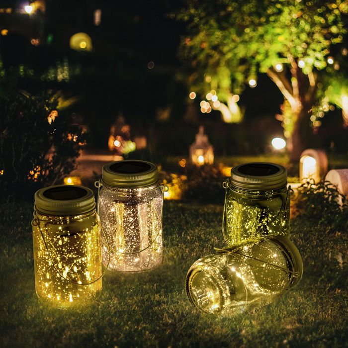 Outsunny Lumière de jardin solaire pots mason jar 4 pièces lanterne de verre solaire LED étanche norme IP 44 lampes décoratives