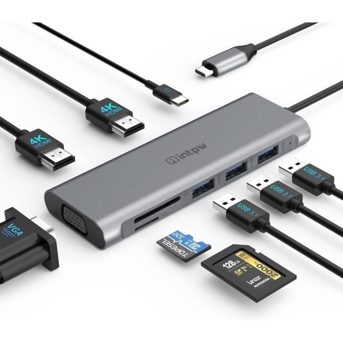 Hub USB-C 7-en-1 - Ports HDMI 4K, USB 3.0, SD/TF, Charge 100W - Compatible MacBook, Surface Pro