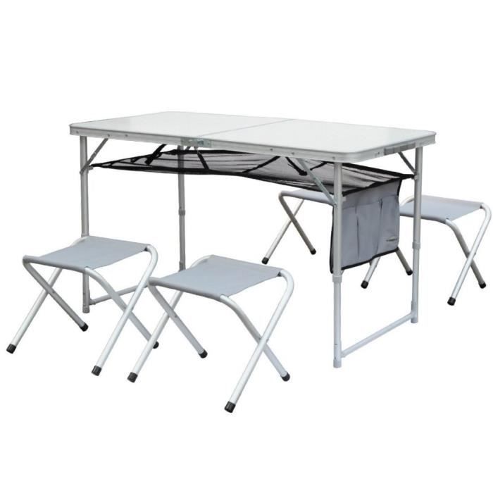 Table de camping pliante avec 4 tabourets - 120×60×70 cm structure aluminium gris