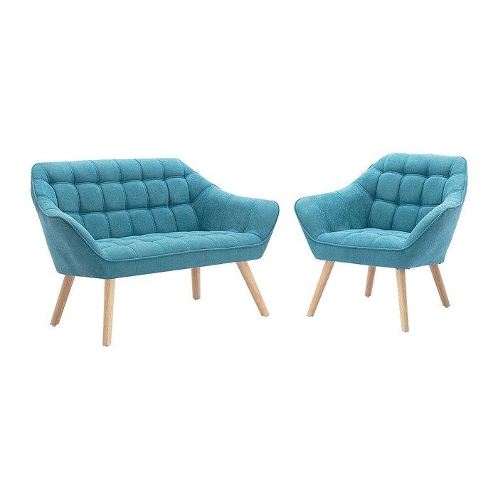 Canapé 2 places et fauteuil en tissu bleu CASERTA Canapé 2 places et fauteuil en tissu bleu CASERTA