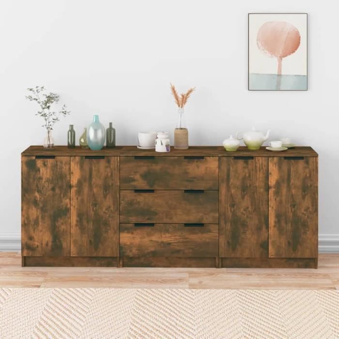 3115785 vidaXL Buffets 3 pcs Chêne fumé Bois dingénierie
