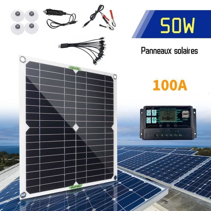 Kit Panneau Solaire 100W Monocristallin Portable - Avec Contrôleur 100A, 2 Ports USB - Pour Camping-car, Bateau, Hors Réseau - 6