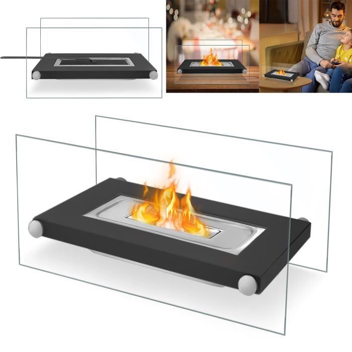 Cheminée éthanol De Table - Flamme Réglable - Sans Fumée - Pour Intérieur Et Extérieur - Verre Et Métal Noir - 6