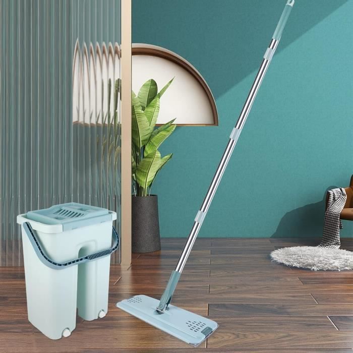 Midyb Balai Serpillère et Seau Essoreur, Balai Plat avec 6 Tampons en Réutilisables Poignée en Midyb Balai Serpillère et Seau Essoreur, Balai Plat avec 6 Tampons en Réutilisables Poignée en