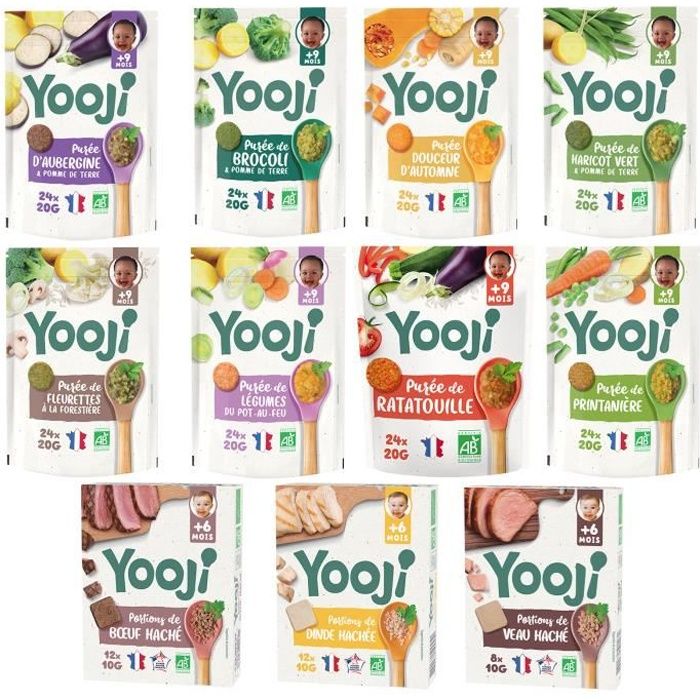 Yooji- Repas bio alimentation bébé 4 mois – Panier 1 mois de purées légumes  Bio (livre diversification + 2 sachets offerts) - Achat / Vente légumes  cuisinés Yooji- Repas bio alimentation bébé