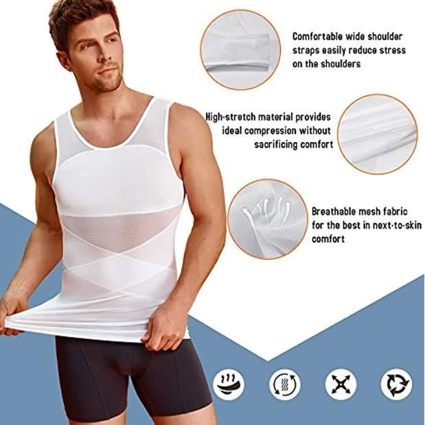 Debardeur de Compression Homme Maillot de Corps Ventre Plat Homme sans Manche Gainant Minceur sous vetements Musculation Sport blanc