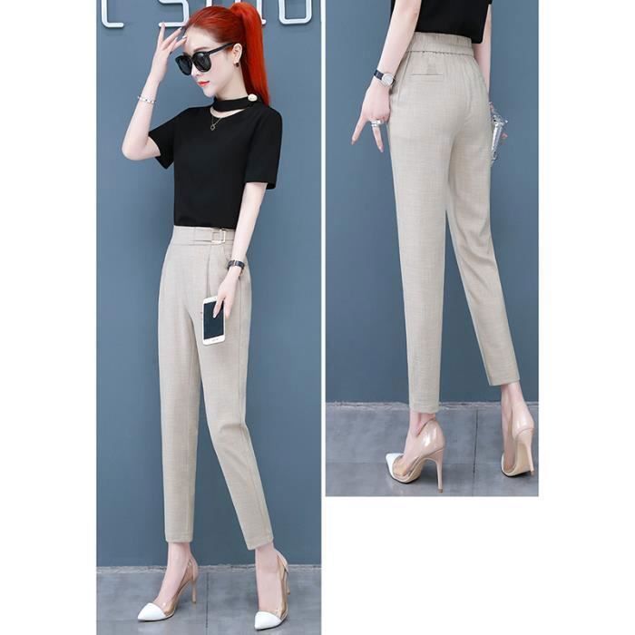 Pantalon Femme en Lin AIEVIS Coupe slim Taille haute elastiquee Couleur unie Abricot Beige
