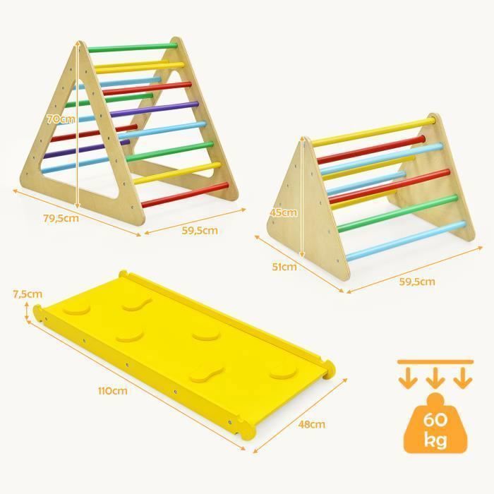 Triangle d'escalade Enfant DREAMADE avec Rampe pour Bebe 1+ Ans, Montessori en Bois Charge 60KG, Exercice d'Équilibre, Jaune - Sport