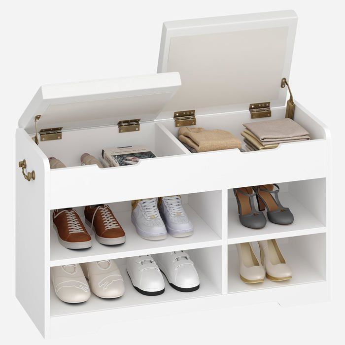 Banc Chaussures Entrée Avec 2 Casiers + 6 Compartiments - Meuble Rangement Chaussures Blanc, Assise Rembourrée, 34x110x48 Cm - 8