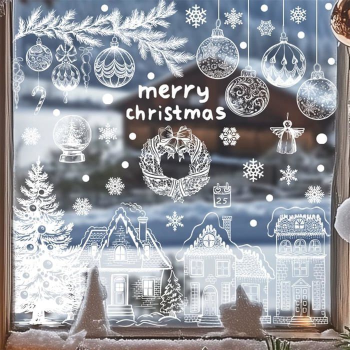1 Lot De 9 Autocollants De Fenêtre Décoratifs En PVC Statique Reutilisables 30 X 20 Cm Motif Bonhomme De Neige Joyeux De Noel Rose Chateau Du Pere Noel 89877221