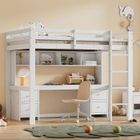 MODFU Lit mezzanine enfant 90x200 cm avec table et rangement, pin et MDF, blanc