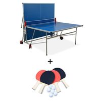 Table de ping pong OUTDOOR bleue - table pliable avec 4 raquettes et 6 balles. pour utilisation extérieure. sport tennis de table