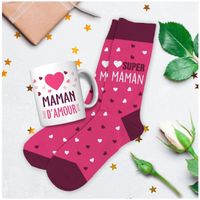 Coffret tendresse mug + chaussettes 'Maman' rose - mug 95x80 mm (Super Maman) [R6845]