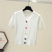 Gilet Cardigan Femme,Pull tricoté à manches courtes pour Femme,couleur unie,col en V,simple boutonnage,vêtements - white[C4125]