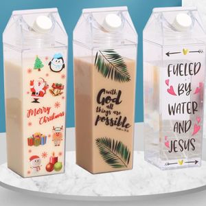 Bouteille d'eau en carton de lait Bouteilles de lait carrées transparentes  Gobelets en plastique étanches 1000ml, Bouteille d'eau en carton  transparente de lait réutilisable
