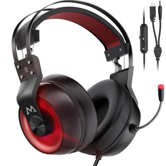 Mpow EG3 Pro - Casque Gamer Filaire avec Son Surround 7.1 - Casque Gaming RGB avec Microphone Antibruit - Rouge