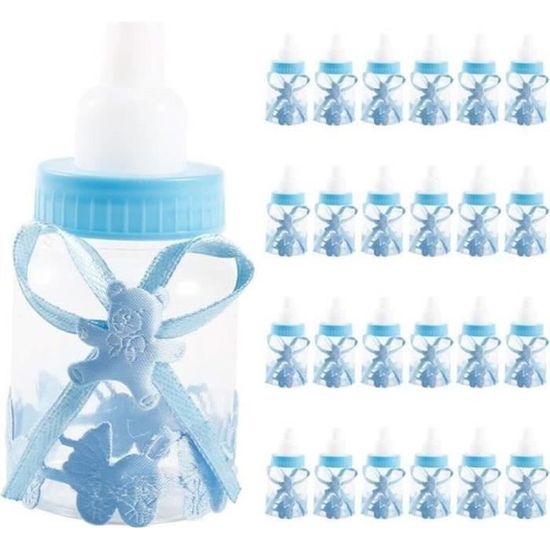 AS12162-24x Boîte à dragées mini biberon 4x9cm tissu ours bleu cadeau faveur bonbonnière garçon bébé baptême