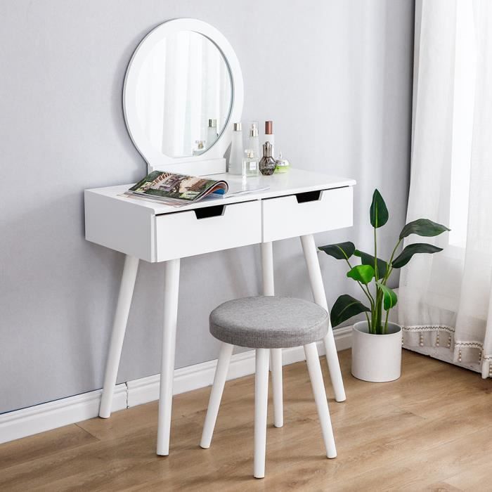 Coiffeuse Table de Maquillage Blanche moderne - 80 x 40 x 128 cm - 2 tiroirs et Miroir Rond Tabouret