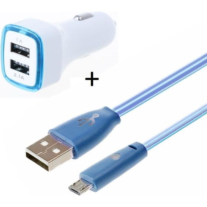Pack Chargeur Voiture pour -IPHONE 12 Pro Max- Lightning (Cable Smiley + Double Adaptateur LED Allume Cigare) (BLEU)