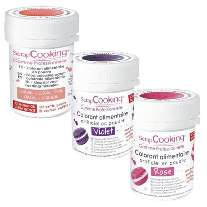 Colorants alimentaires rose, violet et rouge corail pour pâtisserie