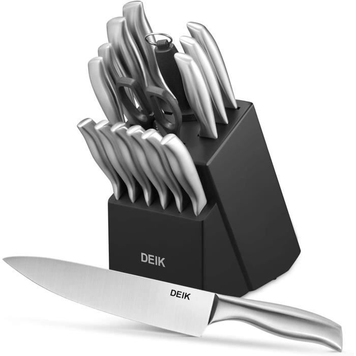 Deik Set Couteau Cuisine, Bloc de Couteaux Professionnels, Lot de Couteaux en Acier, Couteaux de Cuisine avec Bloc en Bois, 16 Pièce