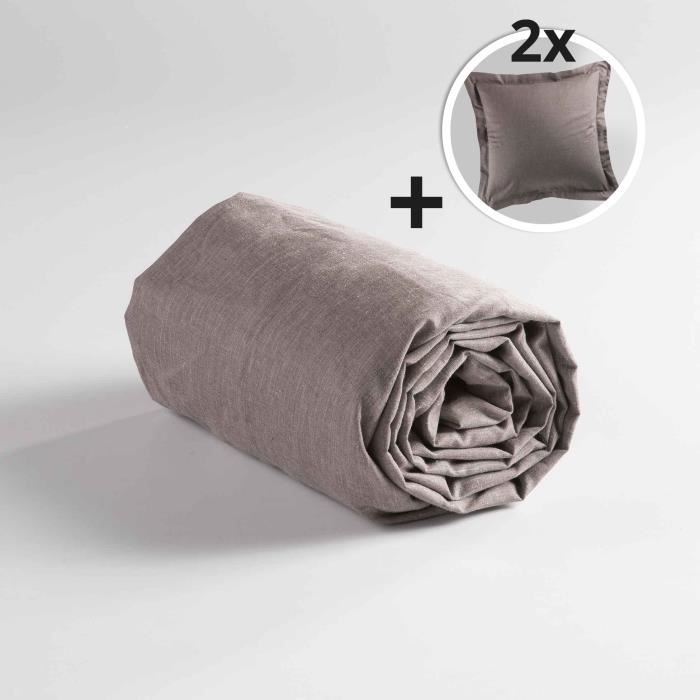 Pack drap housse 2 personnes 140x190 +2 taies 63x63 polycoton uni actually Noisette
