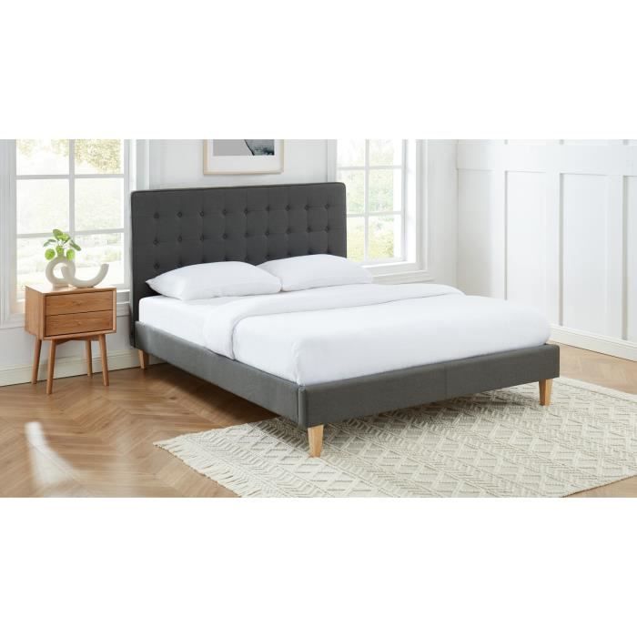 Lit adulte scandinave en tissu effet lin gris anthracite, sommier à lattes, 160x200 - Collection Marie - ELLE DÉCORATION