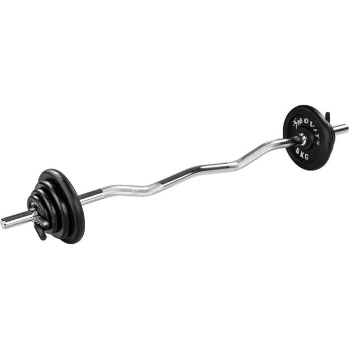 MOVIT® Set d'haltère PRO avec barre curl chromée 120 cm et poids en fonte noire 26 kg (2x0,5 + 2x1,25 + 2x2,5 + 2x5 kg)