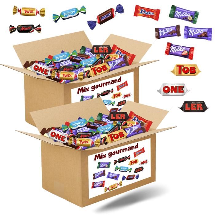 Mix gourmand - Assortiment de 2x100 mini chocolats Mars, Snickers, Bounty, Twix, Milka, Daim, Toblerone