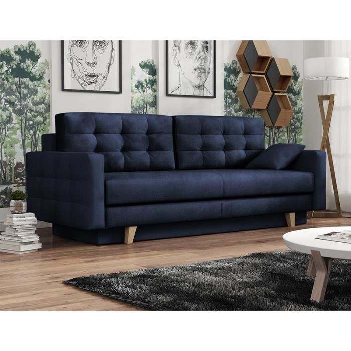 Canapé convertible - VERAT - Kronos 09 bleu marine - pieds bois - coffre de rangement