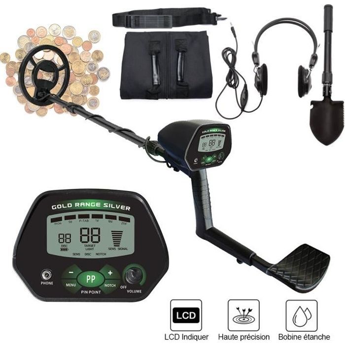 Détecteur de Métaux Professionnel - 9,8-- LCD Écran avec DISC/ALL METAL/NOTCH/PINPOINT Modes, Vision Nocturne, Bobine Étanche de Haut