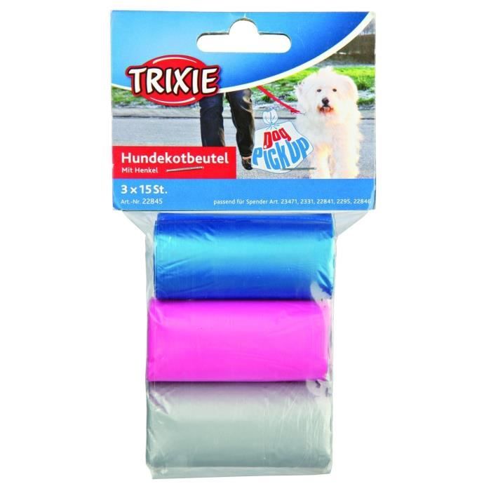 TRIXIE Dog Pick Up sacs ramasse crottes avec poignées M 3 rouleaux de 15 sacs assort pour chien