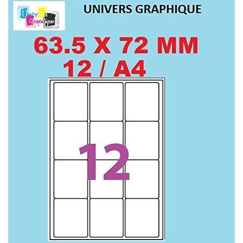 120 étiquettes 63.5 X 72 mm = 10 feuilles de 12 étiquettes autocollantes pour imprimante jet d'encre et Impression laser étiquette u